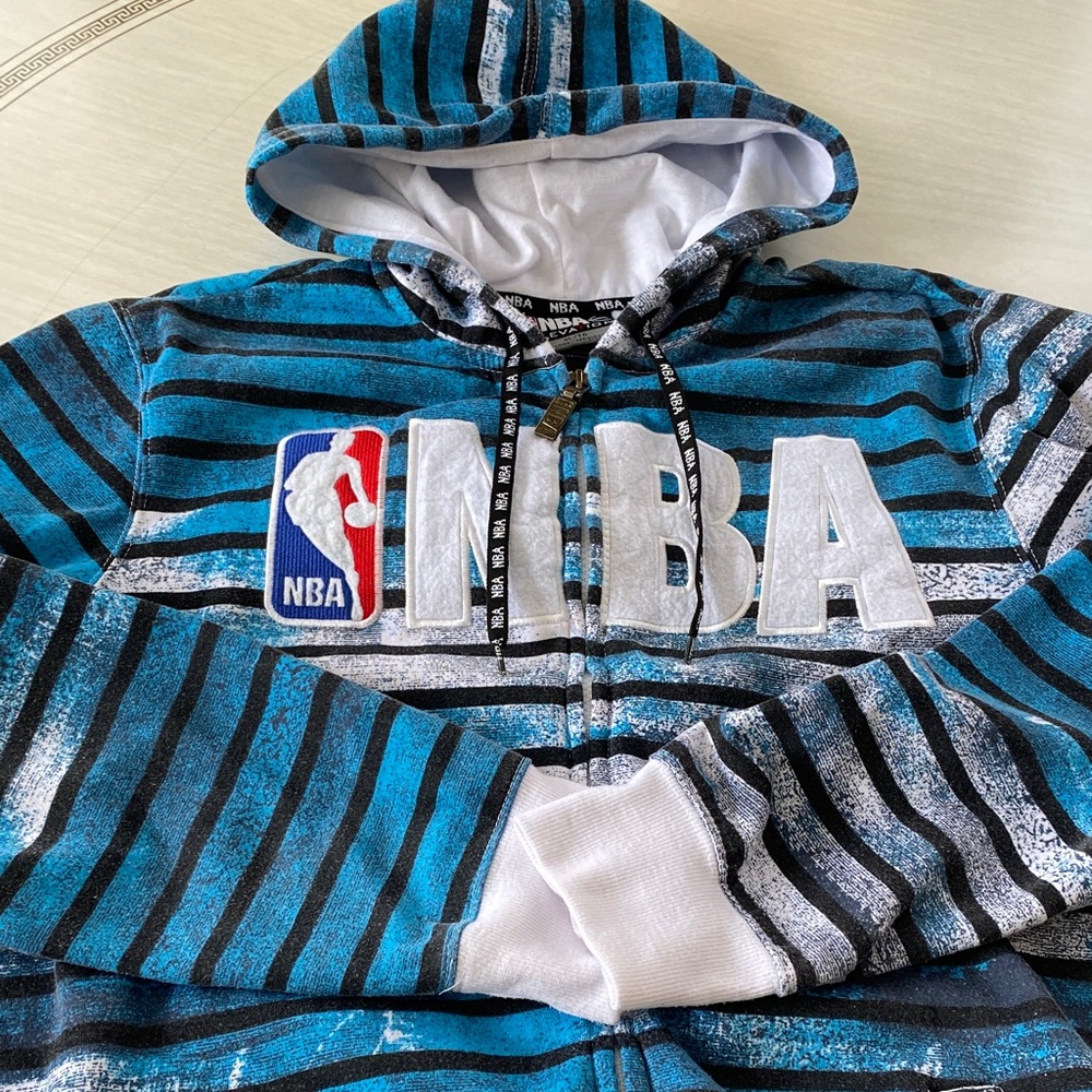 NBA Blue and Black Striped Zip-Up Sweatshirt hoodie basketball logo court sport